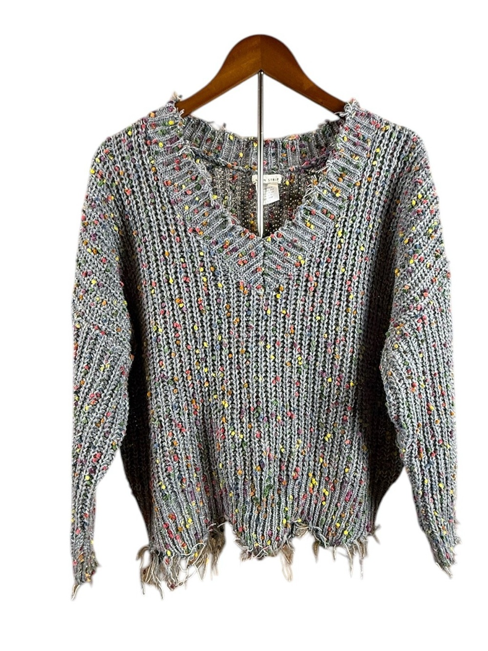 Main Strip Distressed Grey Confetti Knit V-neck Sweater Size Medium